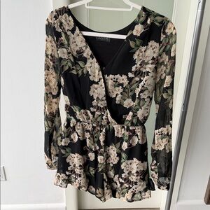 Astr Black Floral Surplice Long‑Sleeve Romper